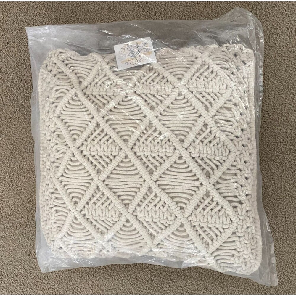 Concepts Macrame Pillow Cover Home 18x18 Cream New‎ Hand Woven Geometric Boho